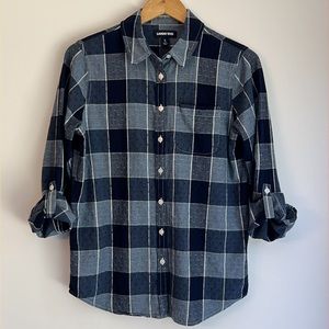 Lands' End Blue Plaid Button Down Blouse Long Sleeve Shirt Cotton Small 6-8